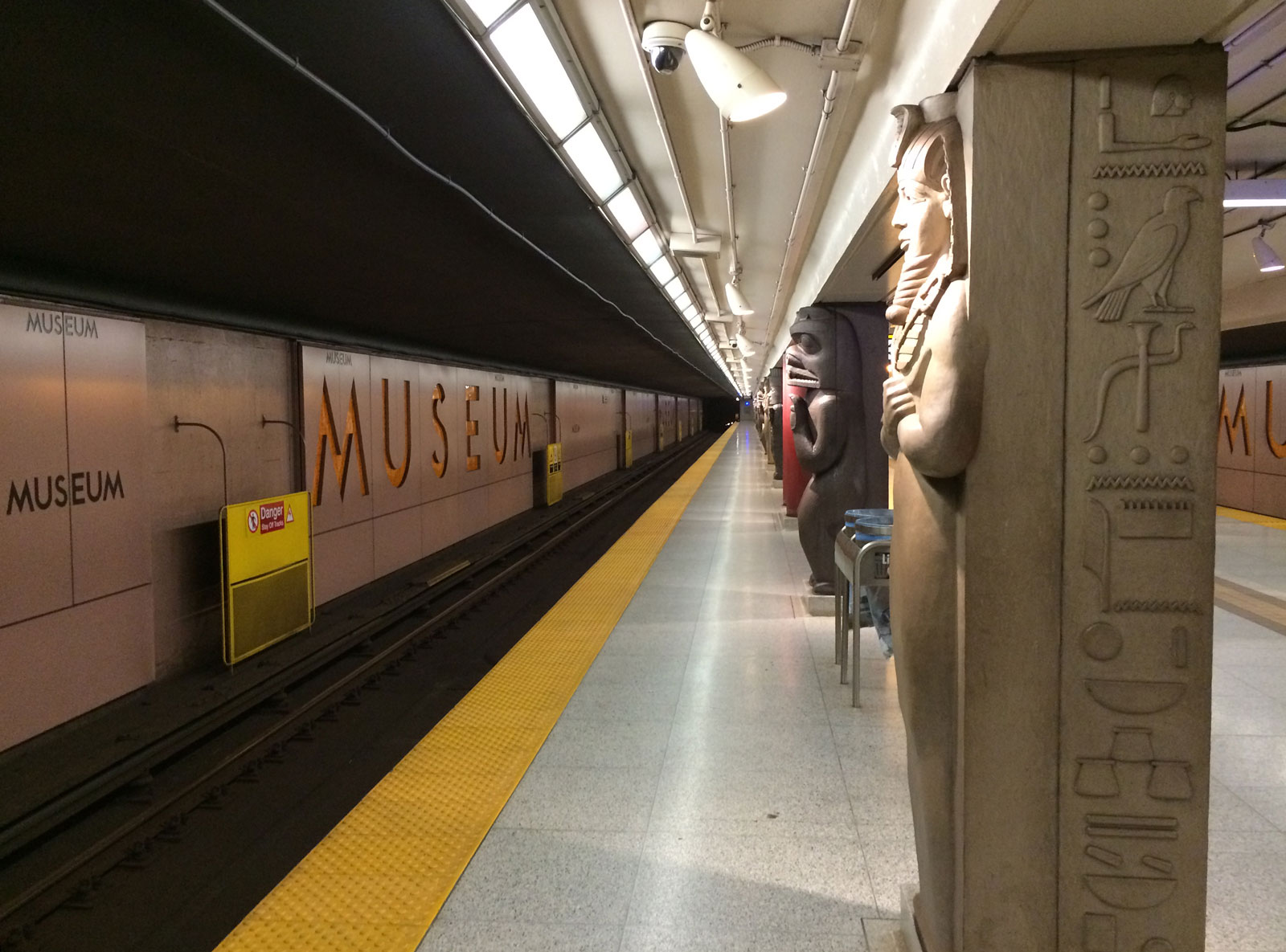 Photo of the sarcophagus and Easter Island-like columns at Museum station in Toronto.
